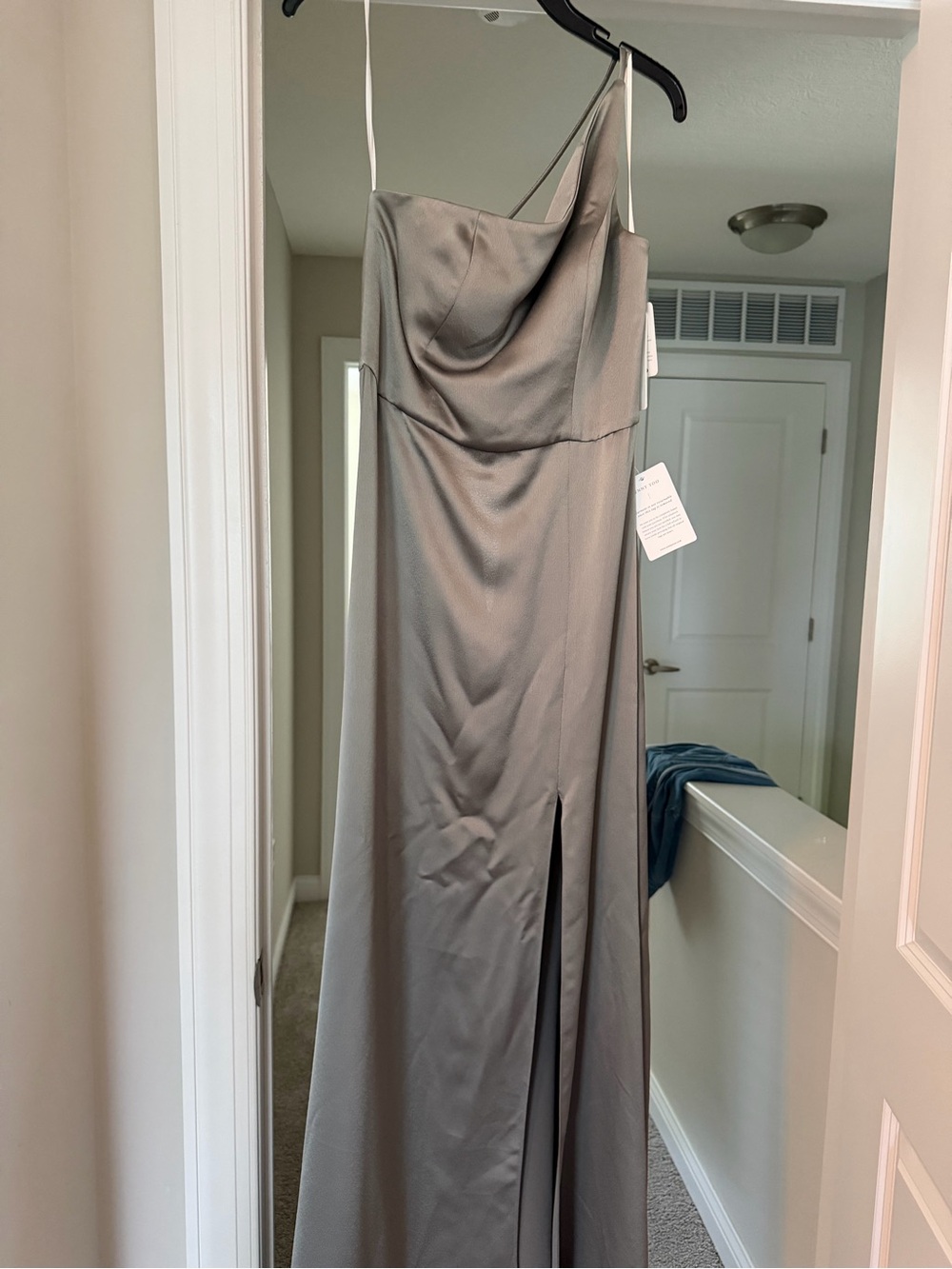 Green one shoulder satin dress